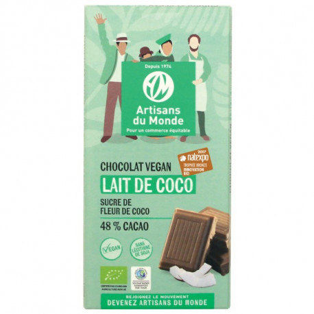 Chocolat au lait de coco 100 gr, cacao 48% bio et vegan