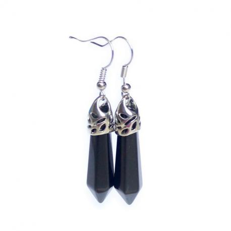 Boucles d'oreilles pendantes en onyx, fermoir plaqué argent.