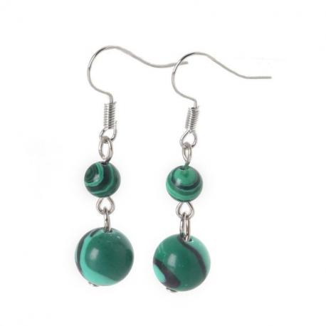 Boucles d'oreilles pendantes 2 boules Malachite