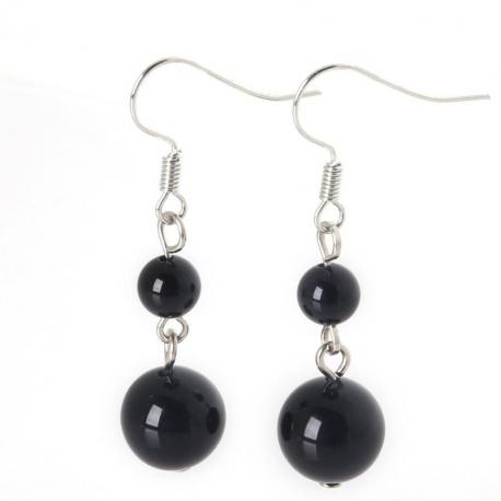 Boucles d'oreilles pendantes 2 boules Agate noire / Onyx