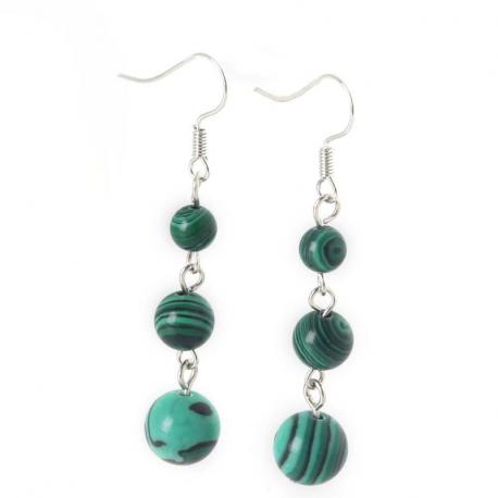 Boucles d'oreilles pendantes 3 boules Malachite 
