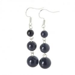 Boucles d'oreilles pendantes 3 boules Onyx / agate noire