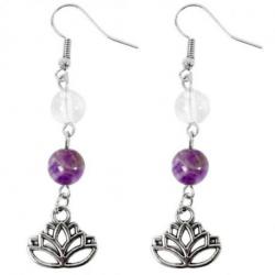 Boucles d'oreilles en Améthyste et Cristal de roche motif Fleur de Lotus