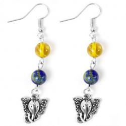 Boucles d'oreilles en Lapis Lazuli et Quartz rutile motif Ganesh