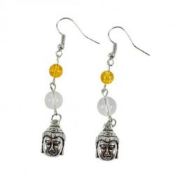 Boucles d'oreilles en Citrine et Cristal de Roche motif Bouddha