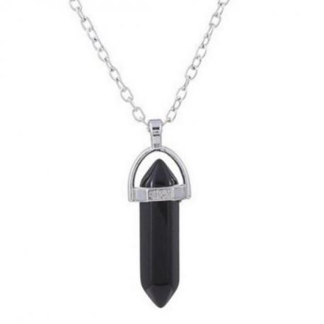 Collier acier + pendentif pointe Agate noire / Onyx