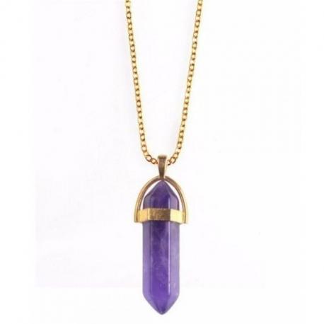 Collier doré + pendentif pointe hexagonale Améthyste