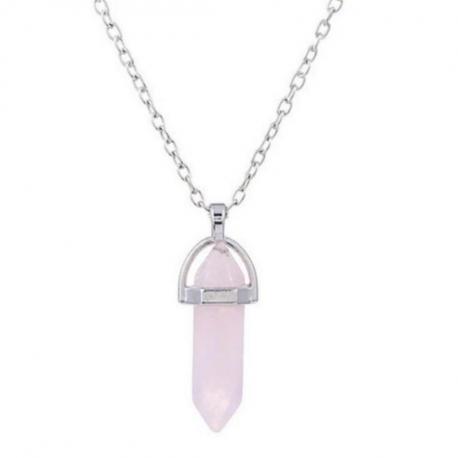 Collier acier + pendentif pointe hexagonale Quartz Rose