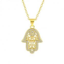 Collier "main de Fatma" avec pendentif en métal doré et strass