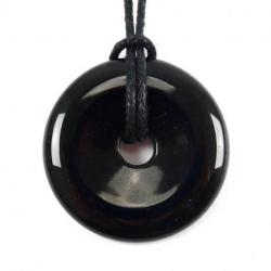 Donut ou Pi Chinois en Obsidienne noire 3cm + cordon - Pendentif ou bracelet