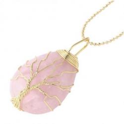 Collier doré + pendentif goutte Arbre de vie en Quartz Rose