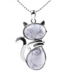 Collier argenté avec pendentif Chat en Howlite blanche