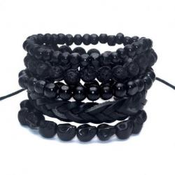 Combo 5 bracelets tendance pour homme en cuir, bois et pierre. 