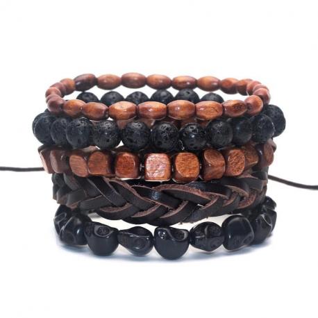 Combo 5 bracelets assortis pour homme en cuir, bois et pierre. 