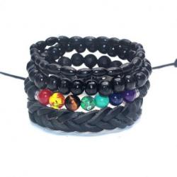 Combo 4 bracelets tendance pour homme en cuir, bois et pierres fines. 