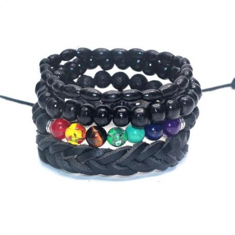 Combo 4 bracelets tendance pour homme en cuir, bois et pierres fines. 