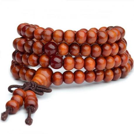 Bracelet Tibétain, Mala en perles de bois 6mm + noeud sans fin. Coloris camel