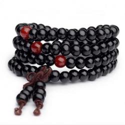 Bracelet Tibétain, Mala en perles de bois noir 6mm + noeud sans fin