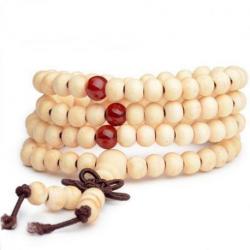 Bracelet Tibétain, Mala en perles de bois 6mm + noeud sans fin. Coloris beige