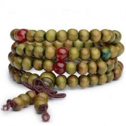 Bracelet Tibétain, Mala en perles de bois 6mm + noeud sans fin. Coloris vert