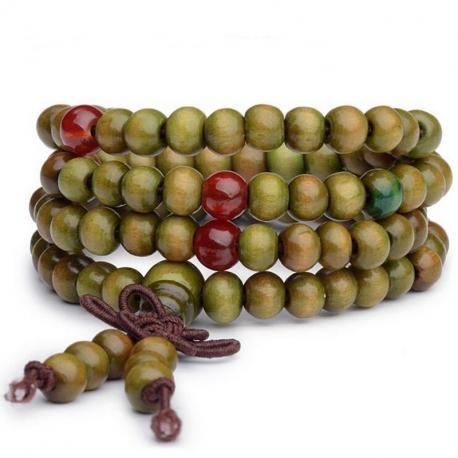 Bracelet Tibétain, Mala en perles de bois 6mm + noeud sans fin. Coloris vert