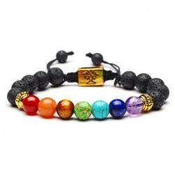 Bracelet 7 chakras Pierre de lave - Symbole Arbre de vie doré