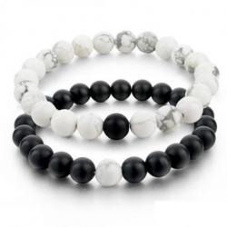 Bracelets de distance / couples - Agate noire et Howlite blanche - boules 8mm