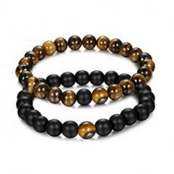 Bracelets de distance - Porte-bonheur - Agate noire et Oeil de tigre - boules 8mm