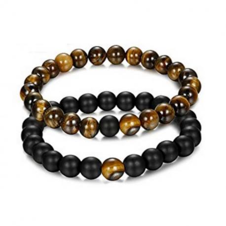 Bracelets de distance - Porte-bonheur - Agate noire et Oeil de tigre - boules 8mm