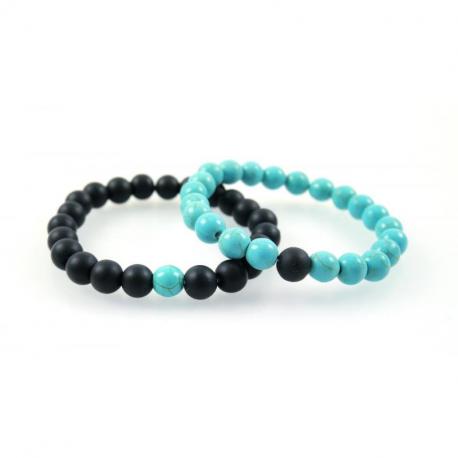 Bracelets de distance / couples - Agate noire et Howlite turquoise