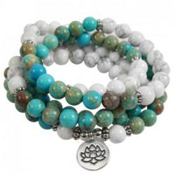 Bracelet Mala 108 perles en pierre Howlite blanche & Jaspe impérial 8mm