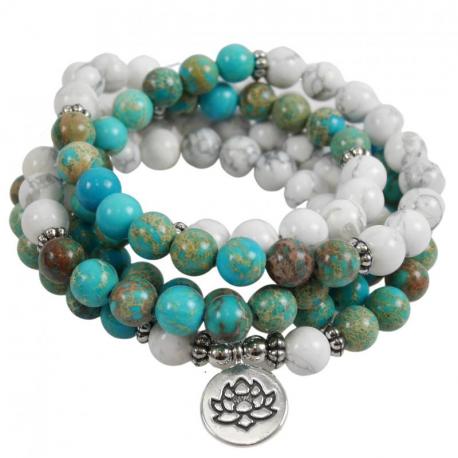 Bracelet Mala 108 perles en pierre Howlite blanche & Jaspe impérial 8mm