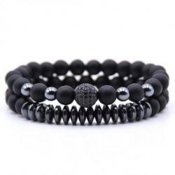 Lot de 2 bracelets Agate noire et Hématite 8mm