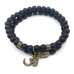 Lot de 2 Bracelets en Onyx mat Symboles ôm & tête de bouddha