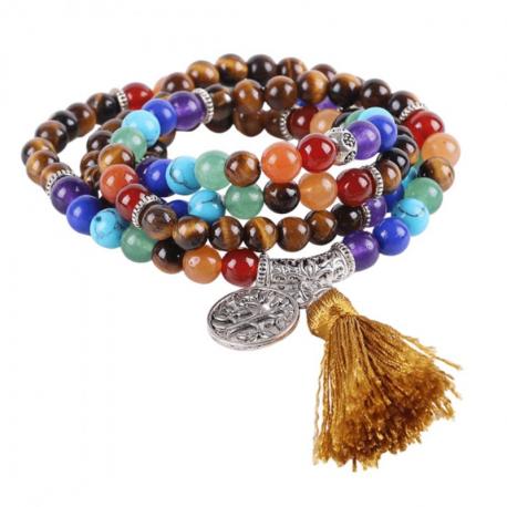 Mala tibétain en Oeil de tigre et pierres des 7 chakras