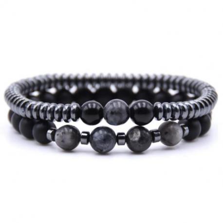 Duo de bracelets Agate noire, Hématite et Labradorite 8mm Duo de bracelets Agate noire, Hématite et Labradorite 8mm