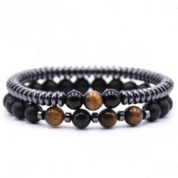 Lot de 2 bracelets Agate noire, Hématite et Oeil du tigre 8mm