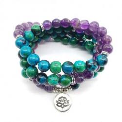 Bracelet Mala 108 perles en Chrysocolle et Améthyste 8mm - Symbole fleur de Lotus