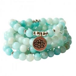 Bracelet Mala 108 perles en Amazonite bleue 8mm - Symbole fleur de Lotus