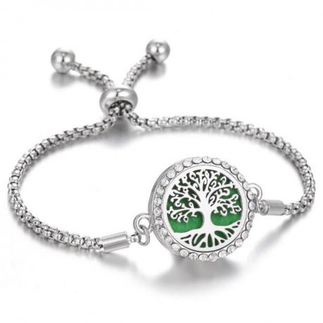 Bracelet Aromathérapie réglable avec diffuseur de parfum - Motif arbre de vie argenté & strass