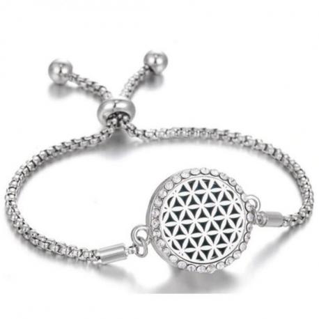 Bracelet Aromathérapie réglable avec diffuseur de parfum - Motif fleur de vie argentée & strass