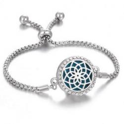 Bracelet Aromathérapie réglable avec diffuseur de parfum - Motif fleur de Lotus argentée ouverte & strass