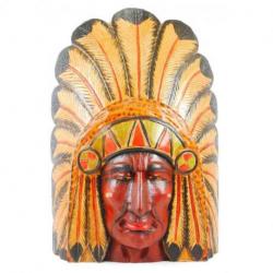 Grand masque de chef indien américain avec coiffe de plumes - bois peint 50cm