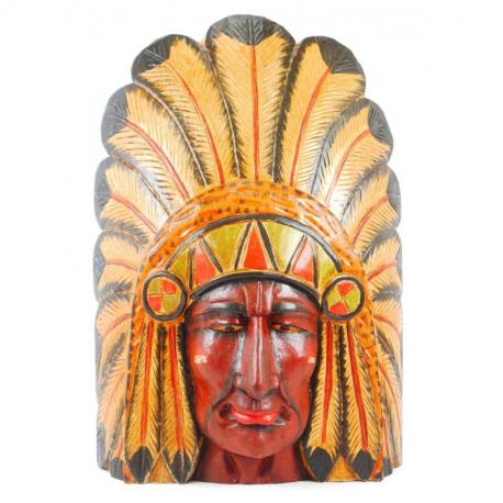 Grand masque de chef indien américain avec coiffe de plumes - bois peint 50cm