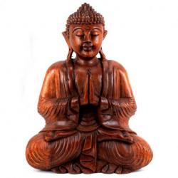 Grande statue de Bouddha assis en bois massif sculpté main 40cm