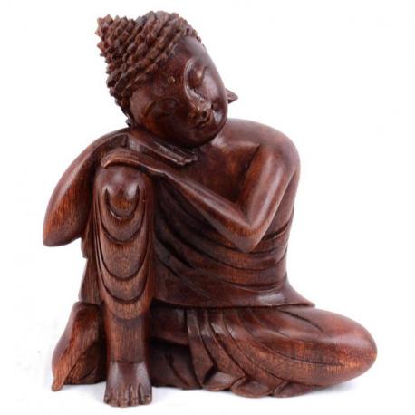 Statue Bouddha penseur 20cm en bois massif sculpté main
