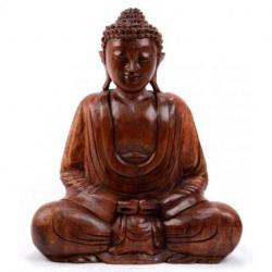 Statue Bouddha assis en position du lotus 30cm Bois marron sculpté main