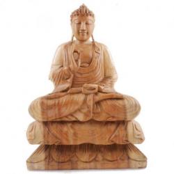 Statue de Bouddha assis sur lotus 40cm - Bois teinte naturelle