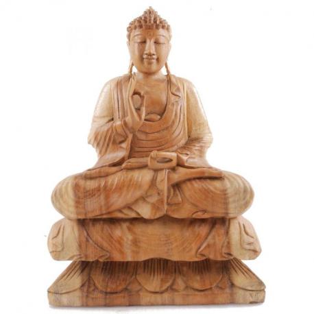 Statue de Bouddha assis sur lotus 40cm - Bois teinte naturelle
