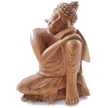 Statue de Bouddha assis 30cm - Bois massif brut sculpté main.